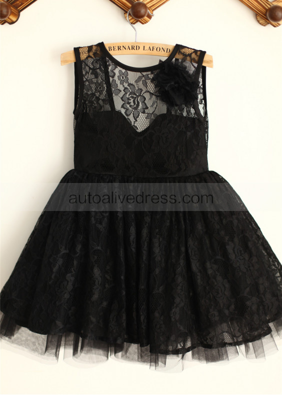 Black Lace Tulle V Back Knee Length Flower Girl Dress With Flower